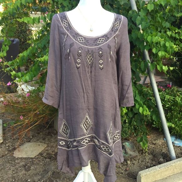 Monoreno Peasant Grey Embroidered Boho Dress - Picture 1 of 5